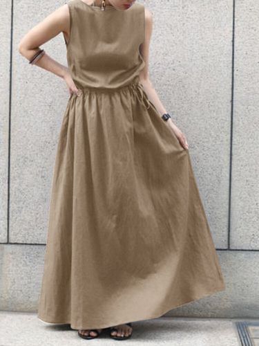 Leisure Solid Drawstring Sleeveless Casual Maxi Dress - ZANZEA - Modalova