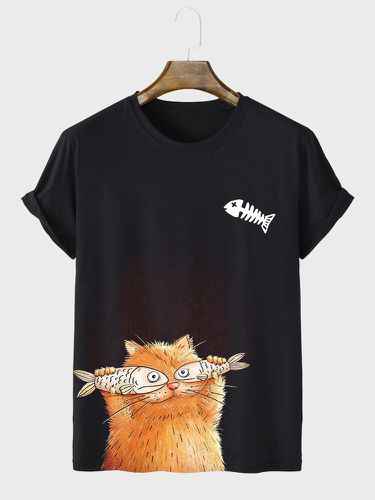 T-shirts à manches courtes et col rond imprimé chat et poissons - Newchic - Modalova