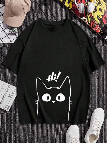 T-shirts à manches courtes et col ronds, ligne de dessin animé imprimé chat, hiver - Newchic - Modalova