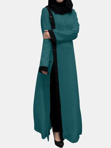 Solid Color Patchwork Contrast Long Sleeve Button Dress - ZANZEA - Modalova