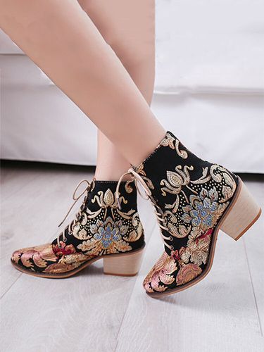 Large Size Women Summer Boots Pointed Toe Embroidered Lace Up Block Heel Short Boots - Lostisy - Modalova