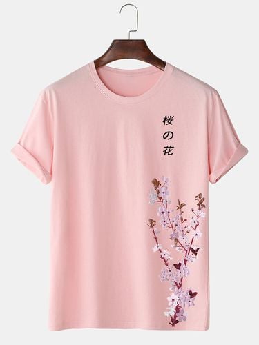 Cotton Mens Cherry Blossoms Pattern Character Short Sleeve T-Shirt - Newchic - Modalova