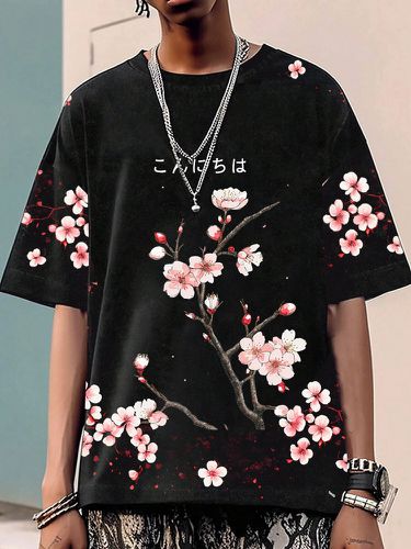 T-shirts à manches courtes et col rond imprimé fleurs de cerisier de style japonaiss - Newchic - Modalova