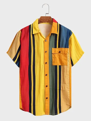 Chemises à col à revers avec poche poitrine rayées Colorful - Newchic - Modalova