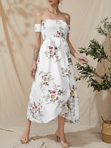 Flower Print Short Sleeve Asymmetrical Hem Maxi Dress - Newchic - Modalova