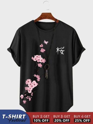 T-shirts à manches courtes et col rond imprimé fleurs de cerisier japonaiss - Newchic - Modalova
