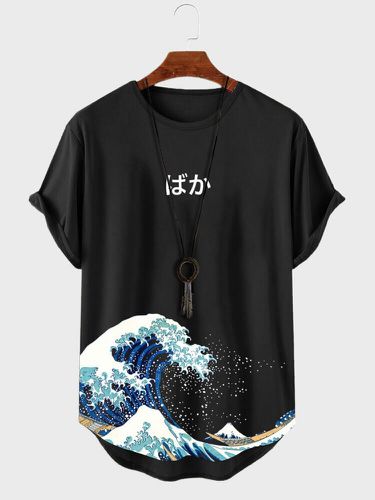 T-shirts à manches courtes avec ourlet incurvé et imprimé japonais Ukiyoes - Newchic - Modalova