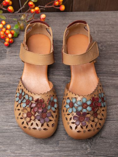 Colorful fleurs décor évider cuir de vachette respirant antidérapant crochet boucle chaussures décontractées appa - Socofy - Modalova