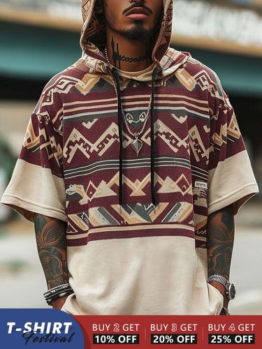 T-shirts à manches courtes à capuche à motif ethnique géométriques - Newchic - Modalova