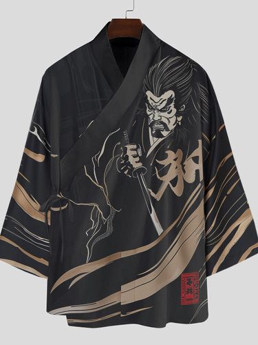 Kimono à manches 3/4 avec patte diagonale et impression de peinture de figurines Ninjas - Newchic - Modalova