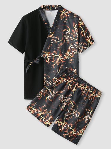 Men Kimono Patchwork Lace Up Short Sleeve Sauna Sweating Sets - Newchic - Modalova