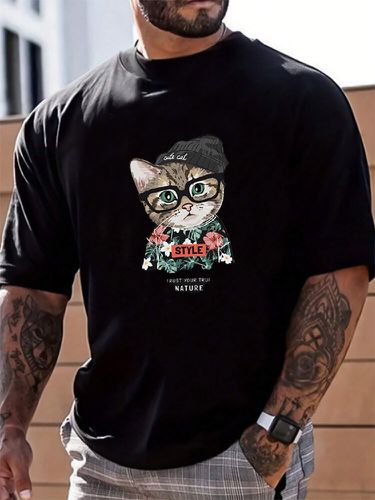 T-shirts décontractés à manches courtes et col ronds, imprimé chat de dessin animé - Newchic - Modalova