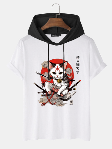 T-shirts à capuche à manches courtes imprimé chat guerrier japonaiss - Newchic - Modalova