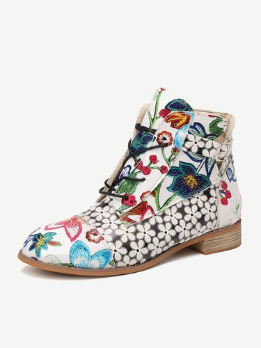 Women Elegant Flowers Printing Lace Up Block Heel Ankle Boots - Lostisy - Modalova