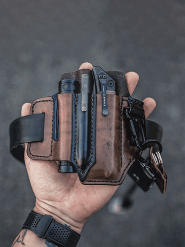 Men EDC Genuine Leather Multitool Flashlight Key Pen Organizer Gear Waist Belt Bag - Ekphero - Modalova
