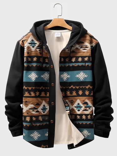 Veste à capuche boutonnée sur le devants, imprimé géométrique ethnique, patchwork, hiver - ChArmkpR - Modalova
