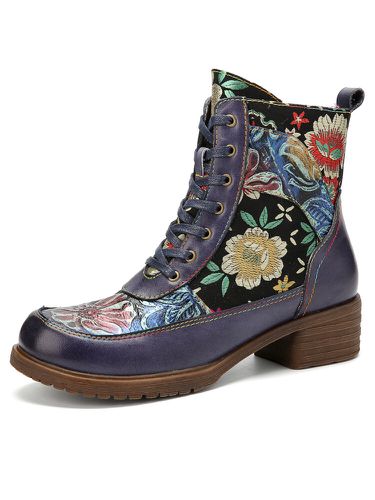 Vintage Floral Embossed Broderie Cuir Side-zip Confortable Doublure Chaude Chunky Low Heel Short Boots - Socofy - Modalova