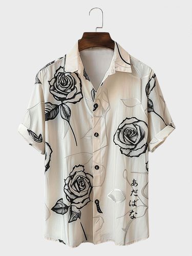 Chemises à manches courtes et col à reverss, imprimé roses japonaises - Newchic - Modalova