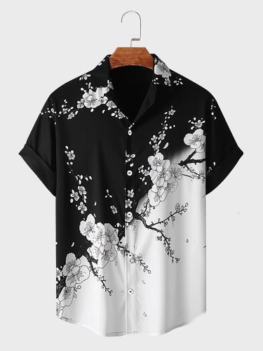 Chemises à manches courtes à revers imprimées de fleurs de cerisier japonaises monochromess - Newchic - Modalova
