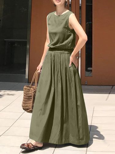 Leisure Solid Elastic Waist Pocket Sleeveless Maxi Dress - ZANZEA - Modalova
