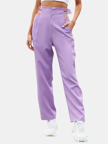 Pantalon décontracté taille haute avec poche à boucle de couleur unie - Newchic - Modalova