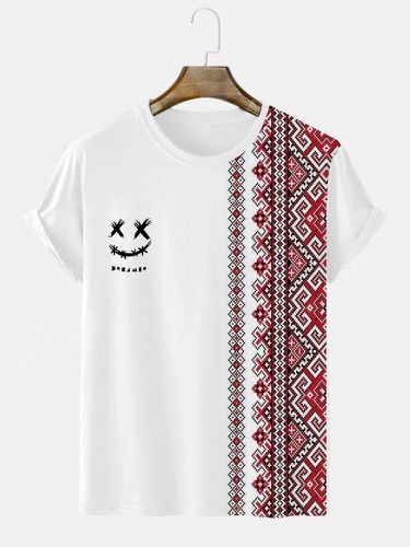 T-shirt à manches courtes et col ronds, imprimé géométrique ethnique souriant - Newchic - Modalova