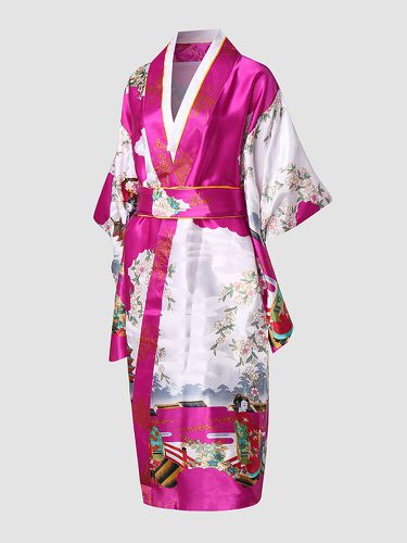 S Satin Style Kimono Bowknot Col Châle Veau Longueur Soft Peignoirs - Newchic - Modalova