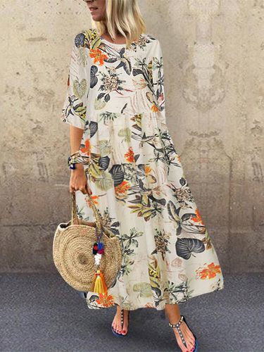 Vintage Floral Print High Waist Plus Size Dress - ZANZEA - Modalova