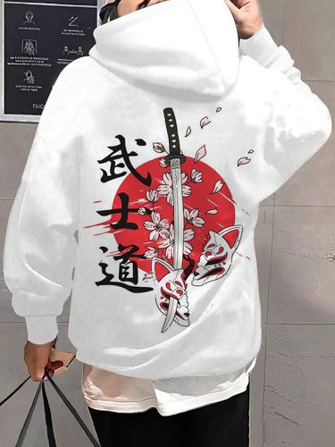 Sweat à capuche à manches longues avec imprimé floral et chat guerrier japonaiss - Newchic - Modalova