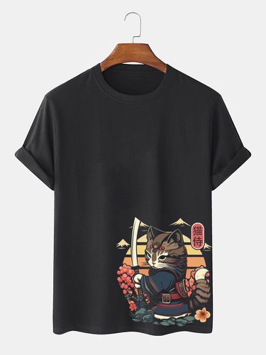 T-shirt à manches courtes et col rond, motif guerrier japonais, chat, hiver - ChArmkpR - Modalova