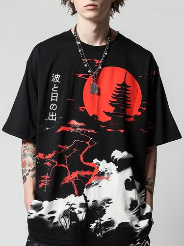 T-shirts décontractés à col rond imprimé paysage japonaiss - Newchic - Modalova