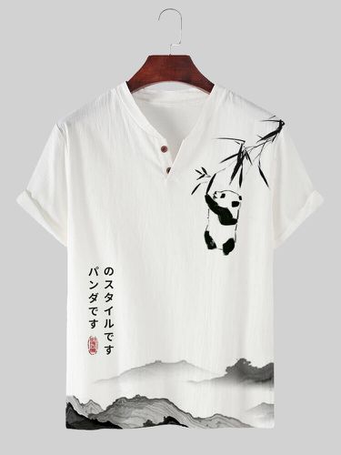 Panda T-shirts à manches courtes à col cranté et imprimé japonais en bambou - ChArmkpR - Modalova