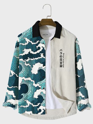 Chemises à manches longues en velours côtelés, imprimé ondulé japonais, Patchwork contrasté, hiver - ChArmkpR - Modalova