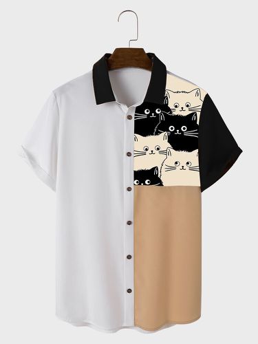 Chemises à manches courtes boutonnées en patchwork imprimé chat de dessin animés - Newchic - Modalova