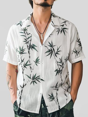 Chemises à manches courtes à texture de revers imprimé bambou chinoiss - Newchic - Modalova