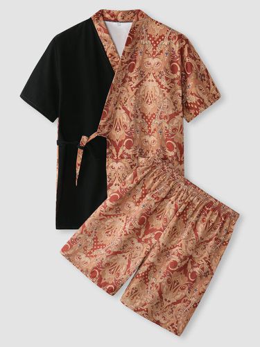 Men Kimono Baroque Print Patchwork Short Sleeve Sauna Sweating Sets - Newchic - Modalova