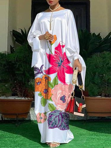 Robe longue ample en satin à col rond et imprimé florals de grande taille - VONDA - Modalova