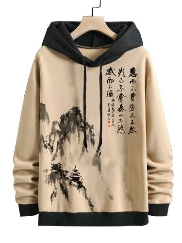 Sweats à capuche à cordon contrasté imprimé paysage d'encre de Chines - ChArmkpR - Modalova