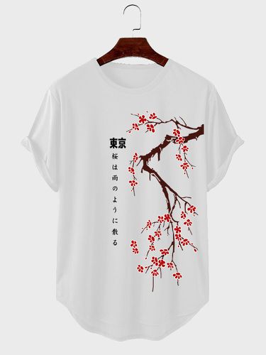 T-shirts à manches courtes avec ourlet incurvé et imprimé de fleurs de cerisier japonaiss - Newchic - Modalova