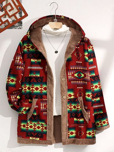 Manteau moelleux à motif ethnique et poche patchwork de grande taille - Newchic - Modalova