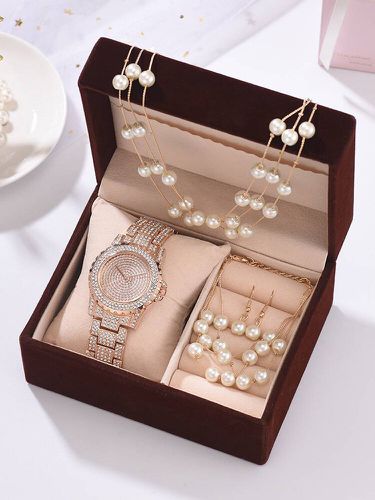 Pcs Combinaison s Watch Ensemble Complet Diamant Rond Watch Perle Bracelet Boucles D'oreilles Collier Cadeau Kit - Newchic - Modalova