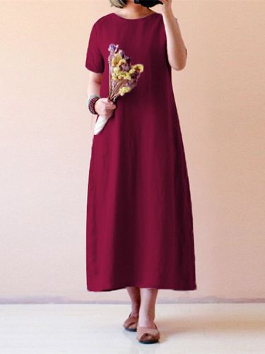 Maxi-robe longue vintage en couleur pure à manches courtes - Celmia - Modalova