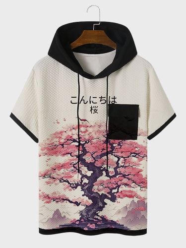 T-shirts à capuche contrastés à manches courtes imprimés de fleurs de cerisier japonaiss - Newchic - Modalova