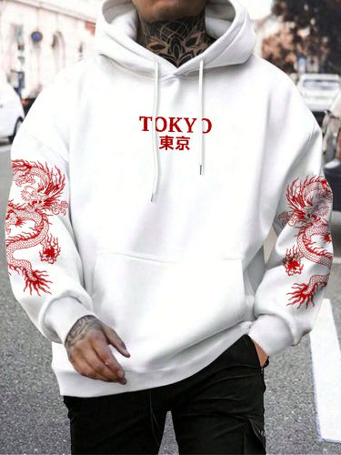 Sweat à capuche avec cordon de serrage, imprimé japonais Tokyo Dragon, poche kangourou, hiver - ChArmkpR - Modalova