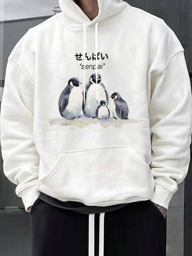 Sweat à capuche avec cordon de serrage et poche kangourou, imprimé pingouin, hiver - ChArmkpR - Modalova