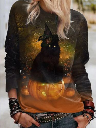 T-shirt à manches longues et col rond, imprimé chat et citrouille, Halloween - Newchic - Modalova