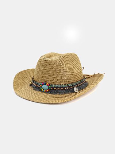 S et femmes Western Cowboy ethnique vent chapeau de paille chapeau de plage en plein air - Newchic - Modalova