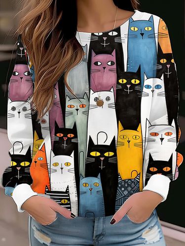 T-shirt à manches longues et col rond imprimé chat de dessin animé - Newchic - Modalova