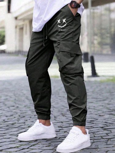 Pantalon cargo à taille avec cordon de serrage et poche imprimée sourires - Newchic - Modalova