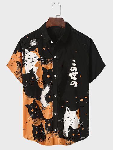 Chemises à manches courtes à revers imprimé chat japonaiss - Newchic - Modalova